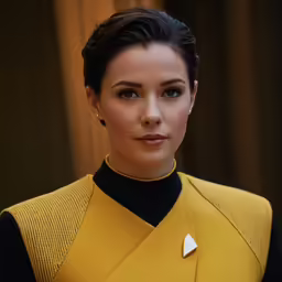 a woman with dark hair wearing a yellow dress and a necklace