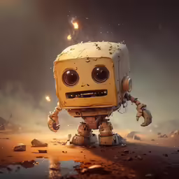 an old robot standing on a desert looking at something