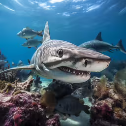 a large white shark with open mouth underwater,a large gray sharks swims near reef rocks