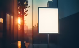 a bright sign sits next to the side of a building