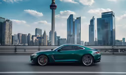 a green sports car is parked in front of an urban skyline