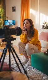 the woman is setting up a video for her family