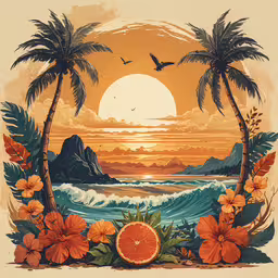 oranges surrounded by palm trees and flowers at sunset,the tropical landscape shows flowers, palm trees and the sunset