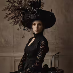 a woman with a hat sitting with a camera and suitcase