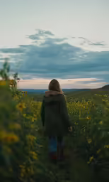 a woman walking through a field full of tall yellow flowers