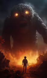 man walking towards glowing godzilla from behind