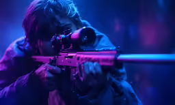 man with red illuminated weapon aiming it