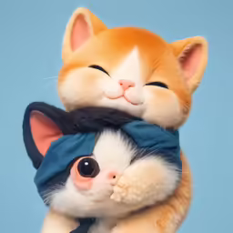 a small cat hugging a tiny kitten on the cheek