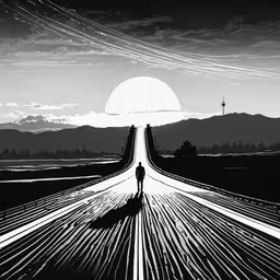 black and white poster with person on the road,a lone person standing in the middle of a road with power lines