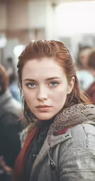 young woman with a grey jacket in a busy city