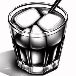 a black and white image of two ice cold beverages with a spoon