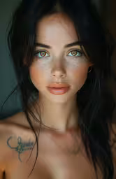 a beautiful young woman with freckled body art,a portrait of a young, attractive, female with freckled brown eyes