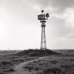 a black and white photo of a windmill in a field