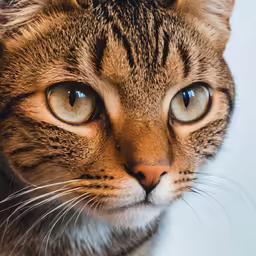 a cat with very bright blue eyes staring directly into the camera