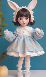 the porcelain doll is dressed in an old fashion blue dress