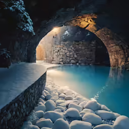 an underground pool covered in snow next to trees