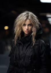 blonde haired female with heavy black jacket,blonde girl in a black parka outside