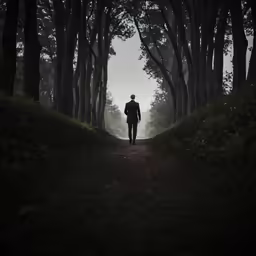 a man walking down a path through a forest