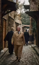 an older man walking down the sidewalk near a building