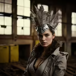 a woman with a leather jacket and hat, in a warehouse
