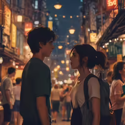two people standing next to each other looking at the other in the street