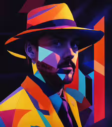a man with a hat and colorful suit,a man with a hat, suit and tie in the painting