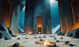 a room with multiple pillars in a snowy area, lit by lights