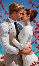 a man and woman in formal wear kissing