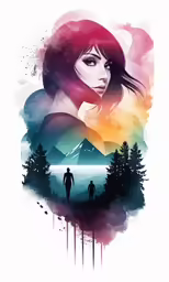 the painting shows two people walking in front of a sunset