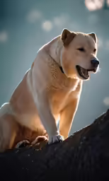 a dog sits on the rock looking up at something