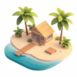 a small island with houses and palm trees on it