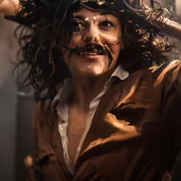 the woman has long hair, and a moustache on her head