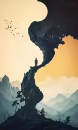 man standing on edge of cliff looking at birds flying over mountain top