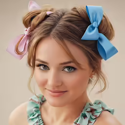 woman in dress with bow hair tie in a ponytail