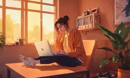 woman sitting at wooden table using laptop in corner room,an asian woman using a laptop in the corner of a room