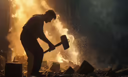 a person with a hammer near a fire