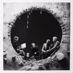 three people sitting on a couch in front of a circle hole