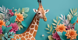 a giraffe surrounded by paper flowers and leaves