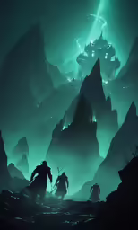 a painting of two people standing on a hill