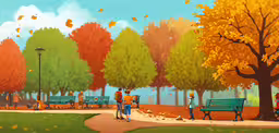 a couple walks down a path in a park,an autumn scene of people walking around in the park