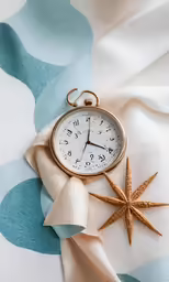 a pocket watch on a white and blue towel