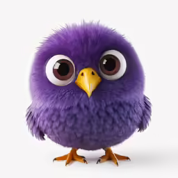 a purple bird with big eyes is wearing an eye patch