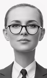 the image shows a woman with glasses and a tie