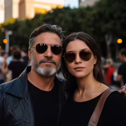 a man and woman pose for the camera on the street