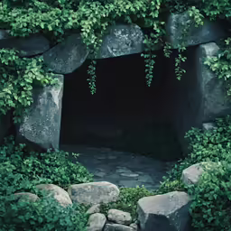 a cave surrounded by stones and greenery