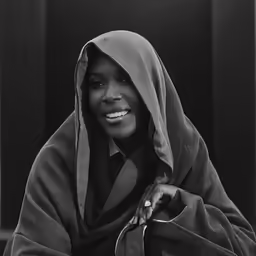 a woman in a hoodie is smiling and posing