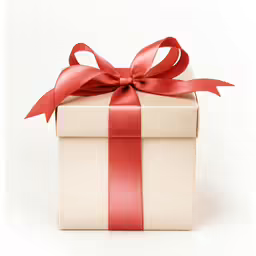 a white and red gift box with red ribbons