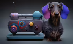 a dachshund is sitting next to an old radio