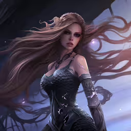 a girl with long hair and black dress holding her hands behind her head,an animated image of a woman with long hair