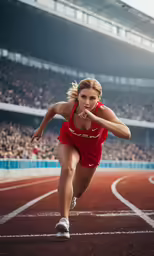 a beautiful young woman running across a track